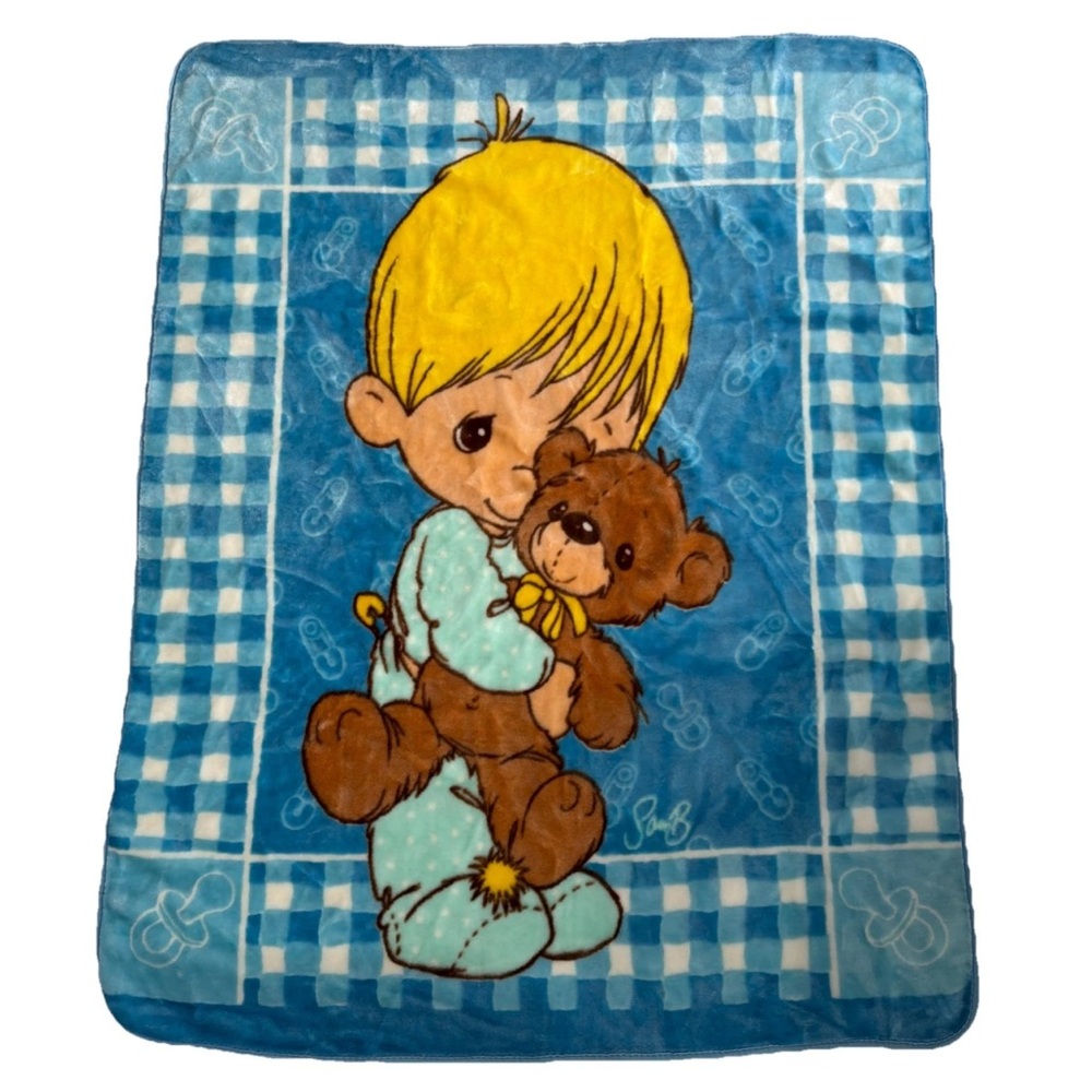 Precious Moments Blue Baby Blanket Bear Blonde Fleece Boy  Vintage